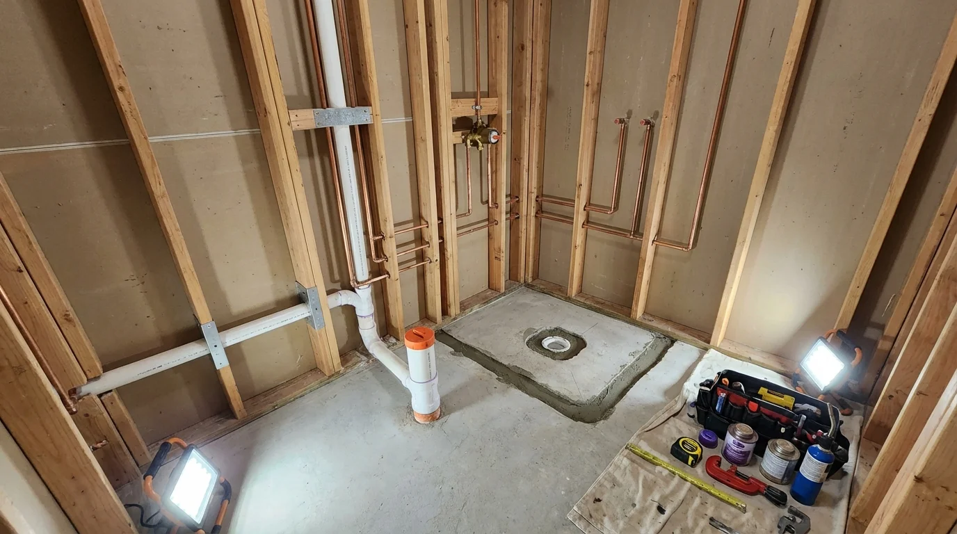 Bathroom rough-in plumbing during remodel by Johns Plumbing LLC in Sharpsville