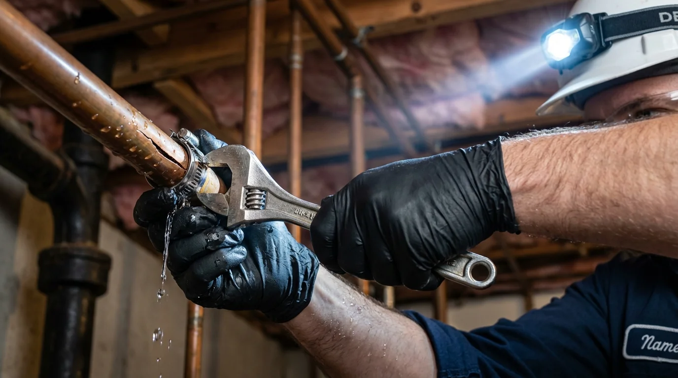 Emergency pipe clamp repair being performed by a Johns Plumbing LLC plumber in Sharpsville