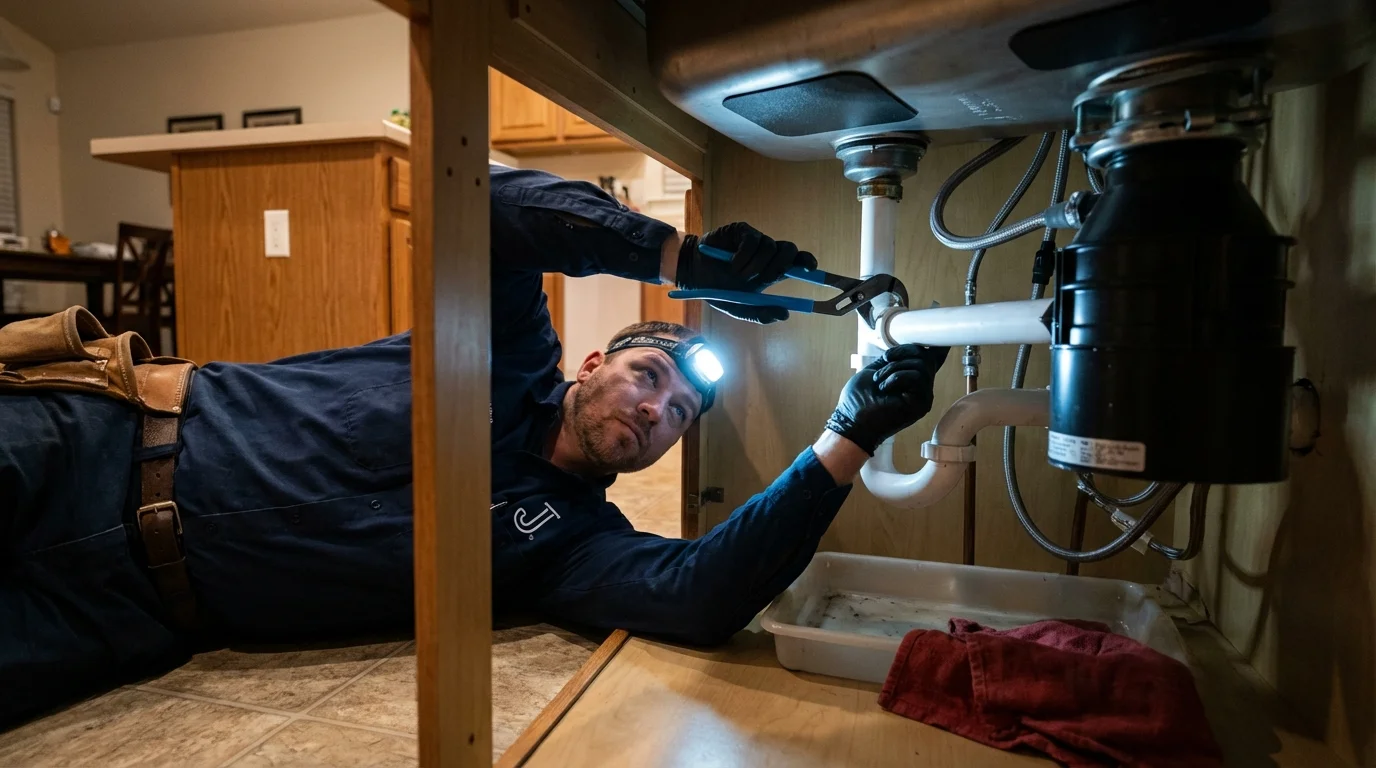 P-trap and supply line connections under a kitchen sink showing a common leak point in Sharpsville, PA